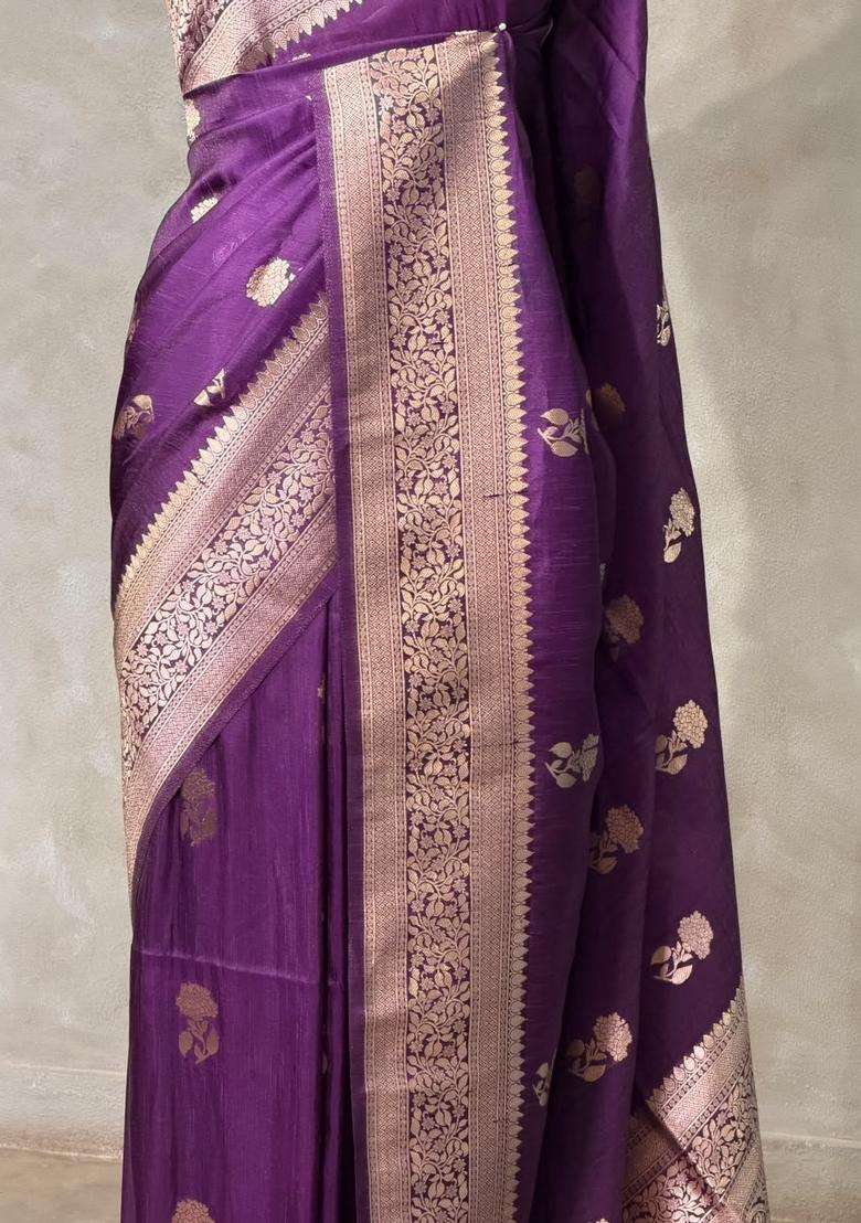 Violet Banarasi Semi Tusser Silk Tussar Saree With Traditional Woven Design For Women - Indya