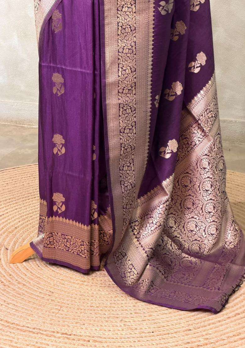 Violet Banarasi Semi Tusser Silk Tussar Saree With Traditional Woven Design For Women - Indya