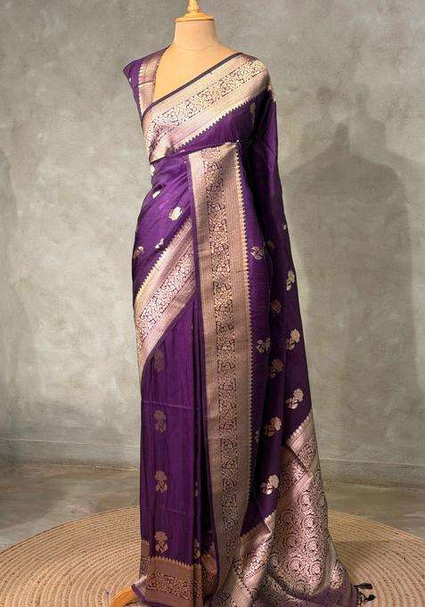 Violet Banarasi Semi Tusser Silk Tussar Saree With Traditional Woven Design For Women