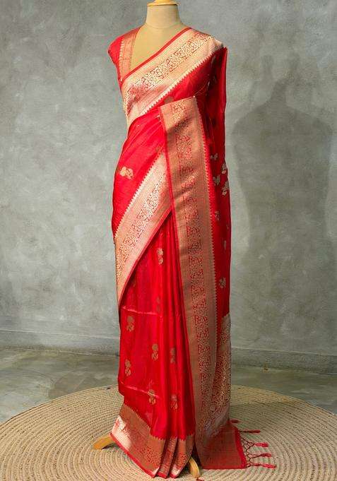 Red Banarasi Semi Tusser Silk Tussar Saree With Traditional Woven Design For Women