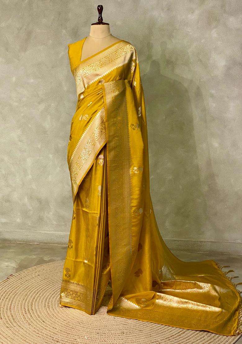 Mustard Yellow Banarasi Semi Tusser Silk Tussar Saree With Traditional Woven Design For Women - Indya
