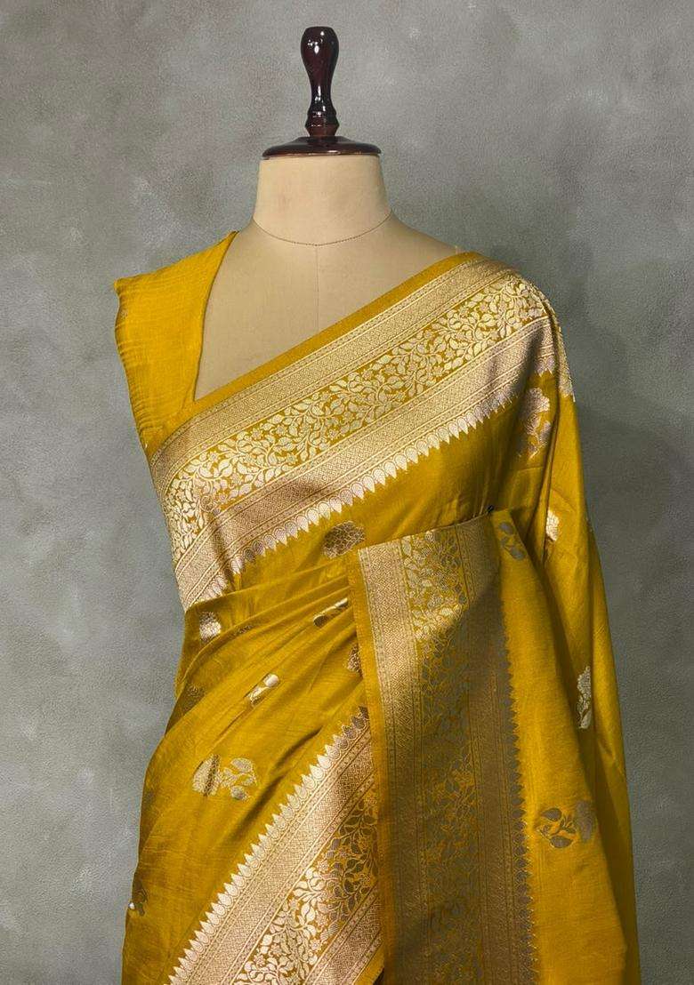 Mustard Yellow Banarasi Semi Tusser Silk Tussar Saree With Traditional Woven Design For Women - Indya
