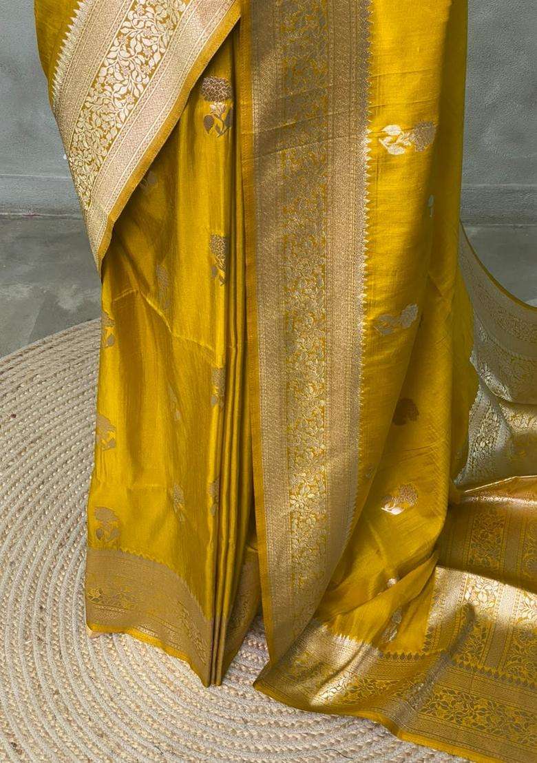 Mustard Yellow Banarasi Semi Tusser Silk Tussar Saree With Traditional Woven Design For Women - Indya