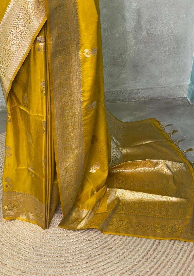 Mustard Yellow Banarasi Semi Tusser Silk Tussar Saree With Traditional Woven Design For Women - Indya