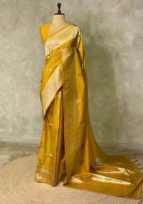 Mustard Yellow Banarasi Semi Tusser Silk Tussar Saree With Traditional Woven Design For Women