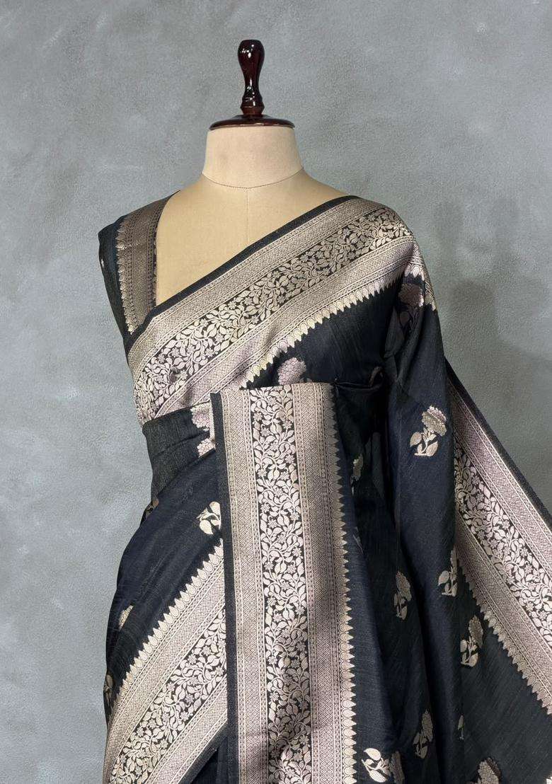 Black Banarasi Semi Tusser Silk Tussar Saree With Traditional Woven Design For Women - Indya