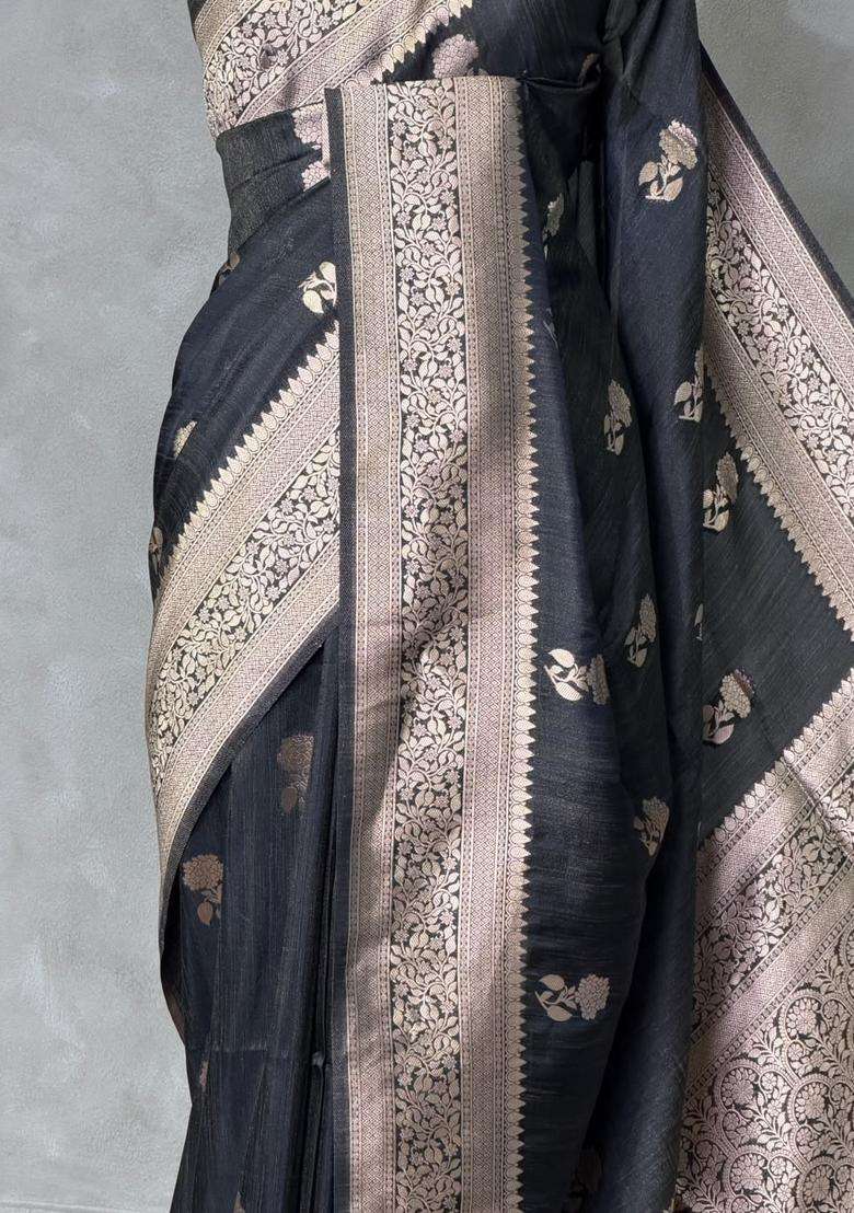 Black Banarasi Semi Tusser Silk Tussar Saree With Traditional Woven Design For Women - Indya