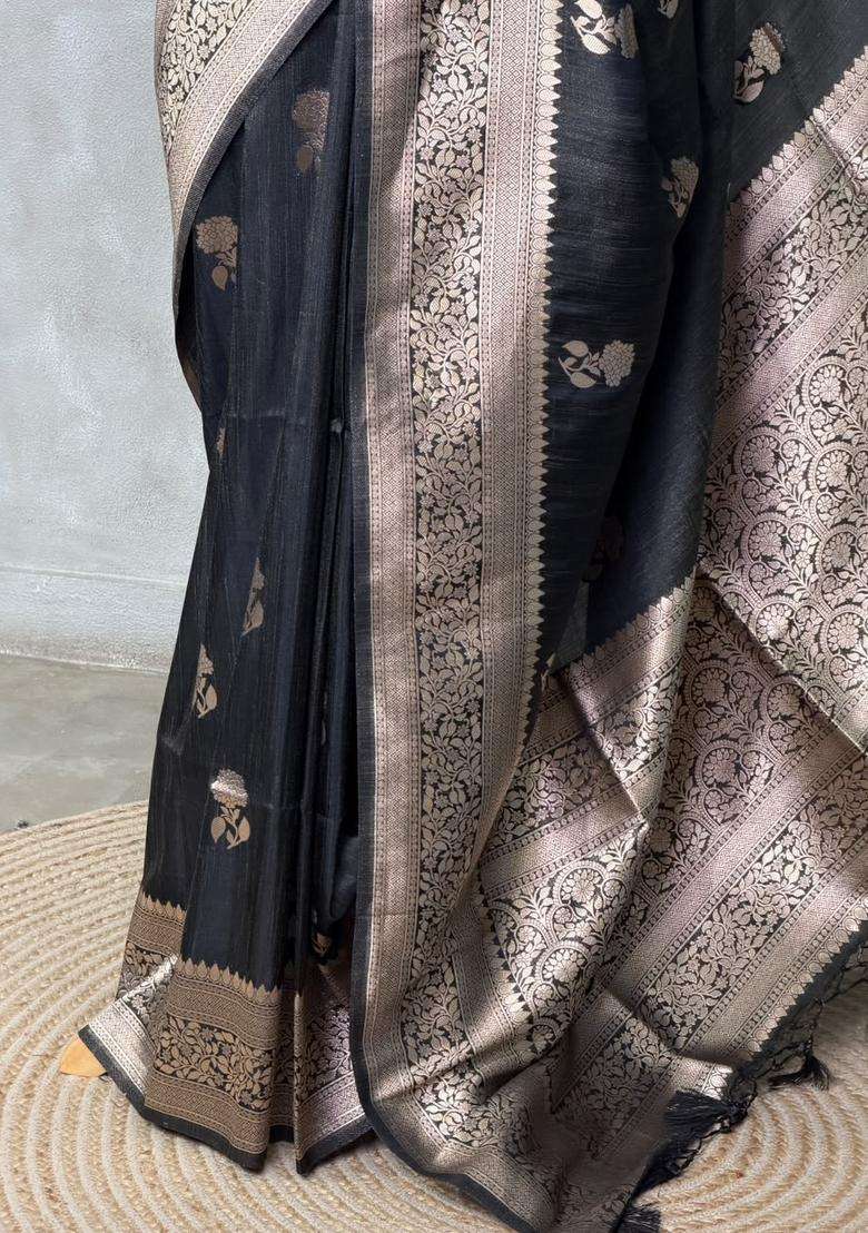 Black Banarasi Semi Tusser Silk Tussar Saree With Traditional Woven Design For Women - Indya