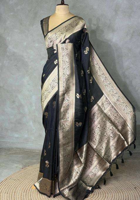 Black Banarasi Semi Tusser Silk Tussar Saree With Traditional Woven Design For Women