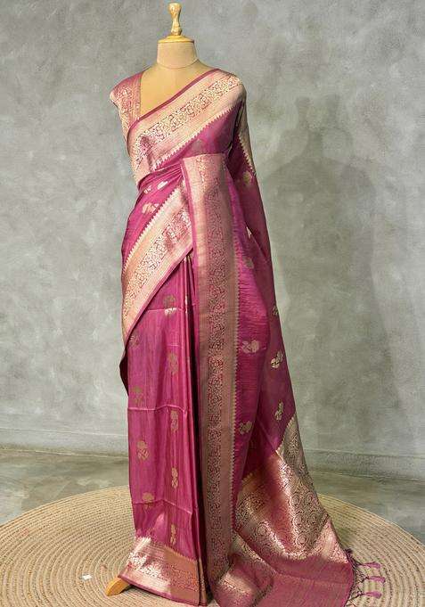 Onion Pink Banarasi Semi Tusser Silk Tussar Saree With Traditional Woven Design For Women