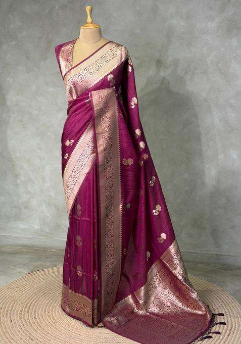 Dark Wine Banarasi Semi Tusser Silk Tussar Saree With Traditional Woven Design For Women