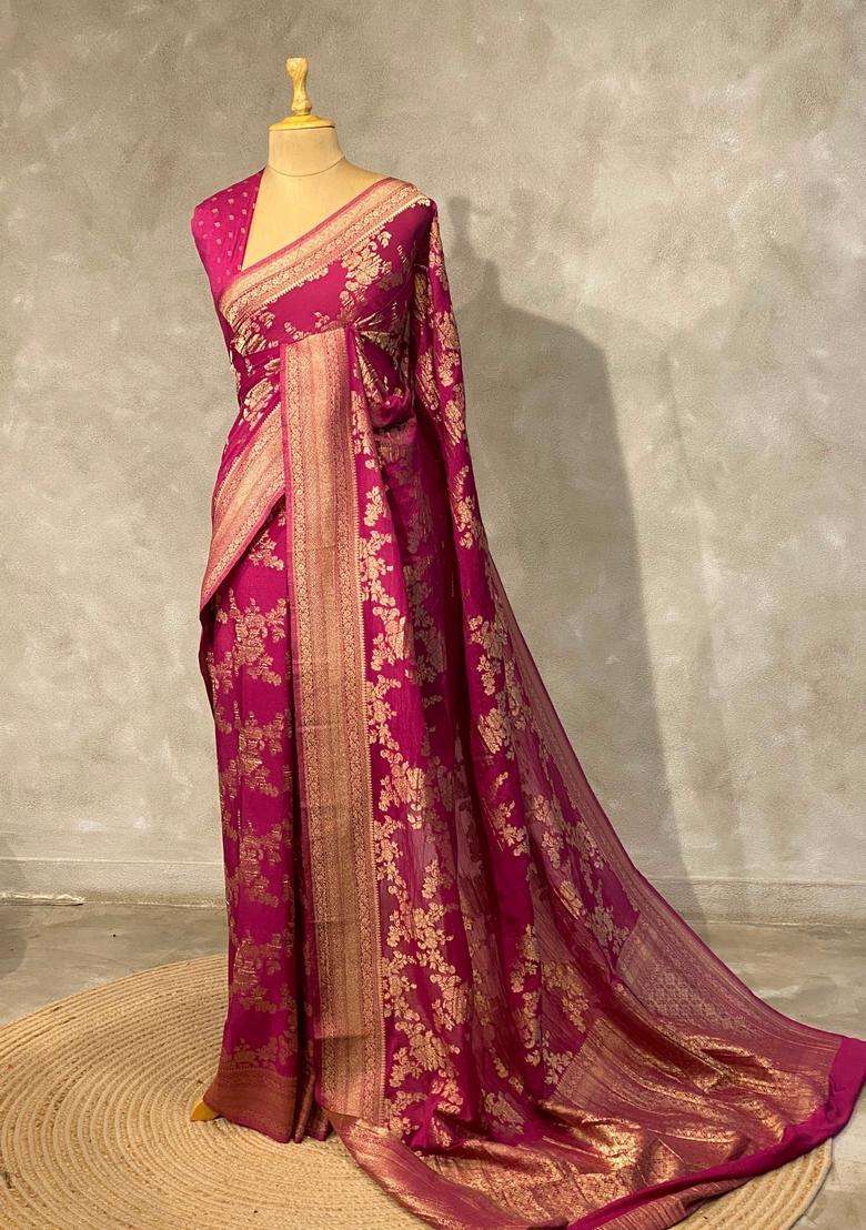 Light Wine Shade Banarasi Georgette Saree With Traditional Woven Design For Women - Indya