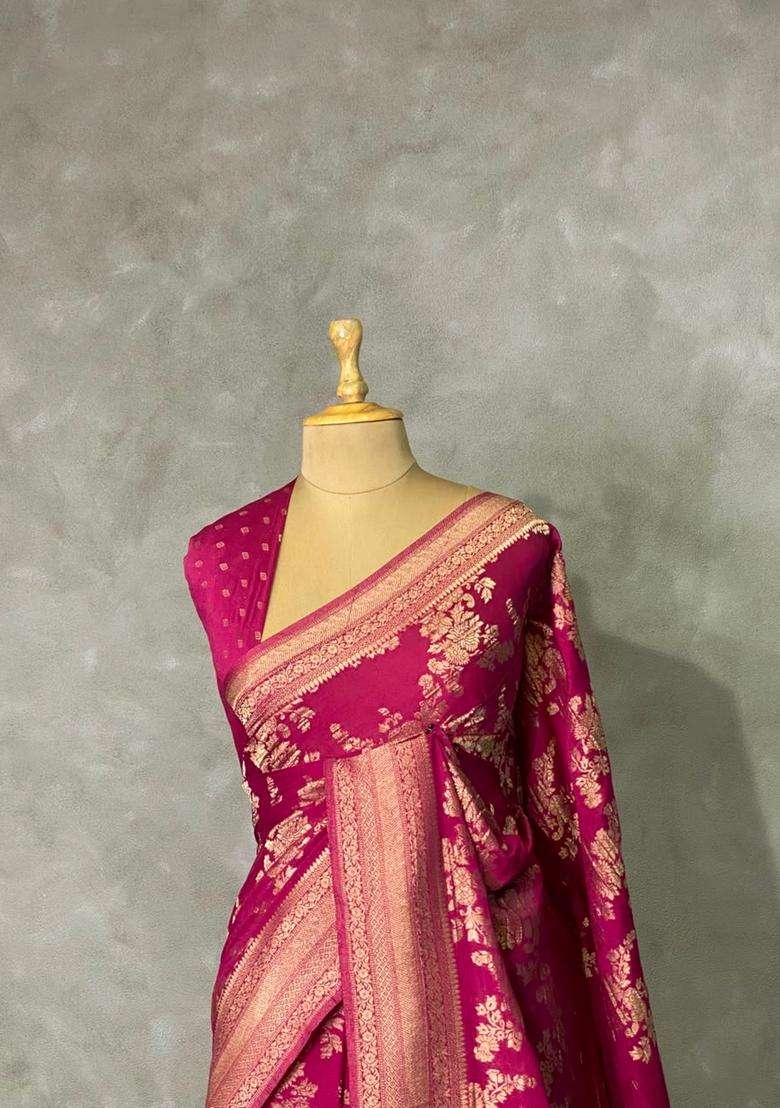 Light Wine Shade Banarasi Georgette Saree With Traditional Woven Design For Women - Indya