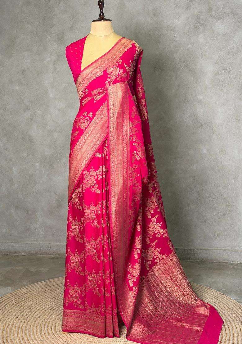 Rani Pink Banarasi Georgette Saree With Traditional Woven Design For Women - Indya