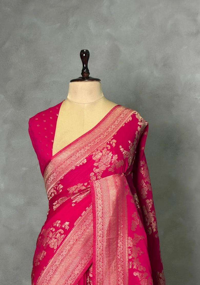 Rani Pink Banarasi Georgette Saree With Traditional Woven Design For Women - Indya