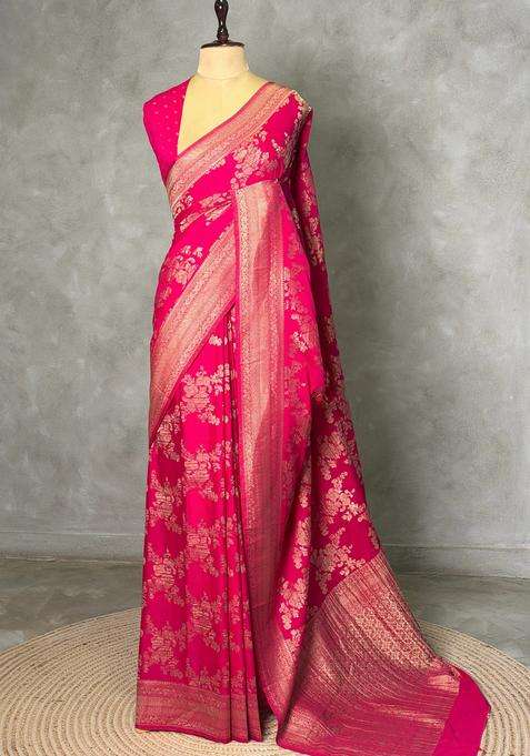 Rani Pink Banarasi Georgette Saree With Traditional Woven Design For Women