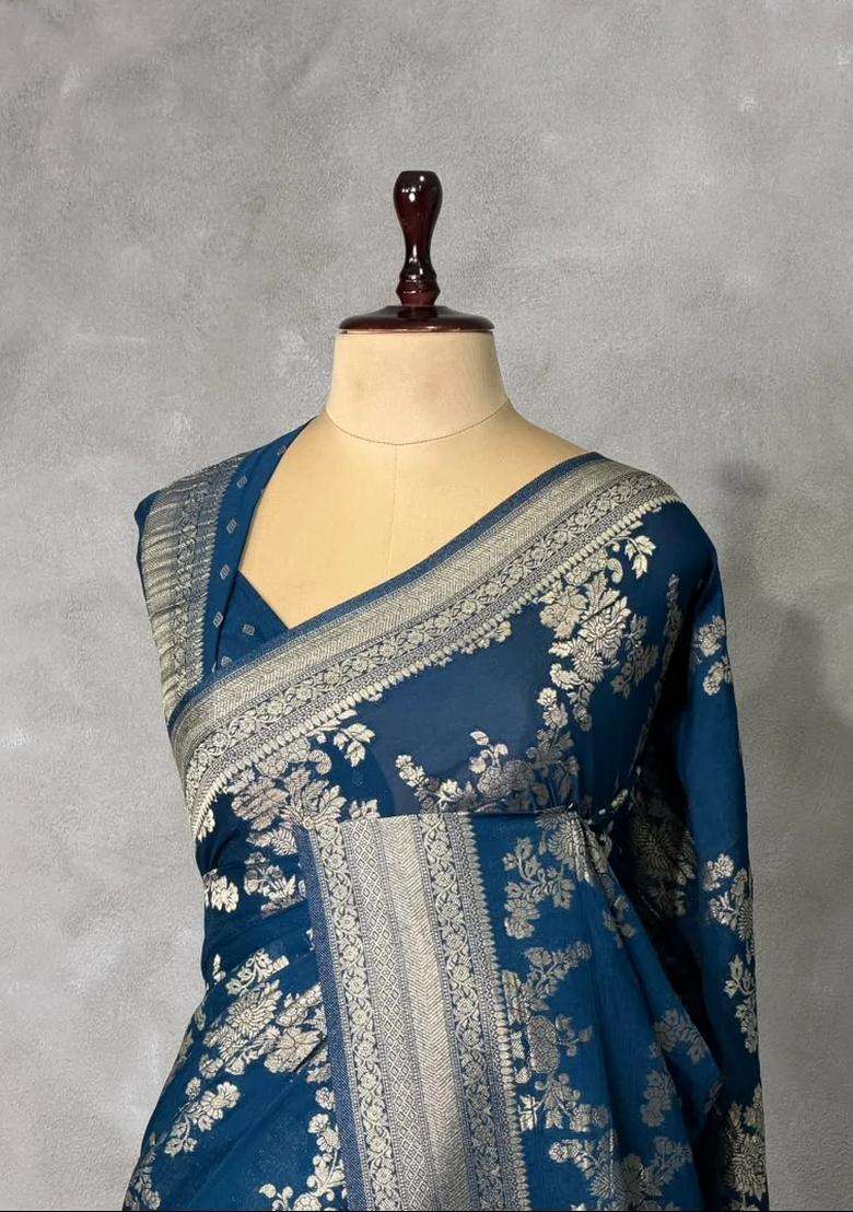 Teal Blue Banarasi Georgette Saree With Traditional Woven Design For Women - Indya
