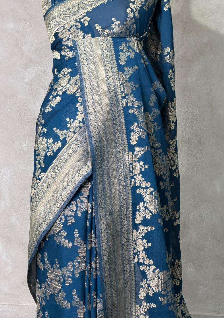 Teal Blue Banarasi Georgette Saree With Traditional Woven Design For Women - Indya