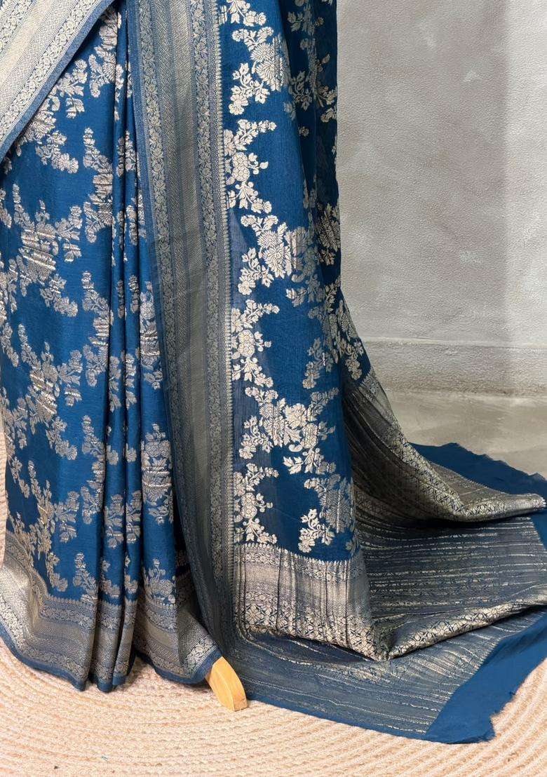 Teal Blue Banarasi Georgette Saree With Traditional Woven Design For Women - Indya