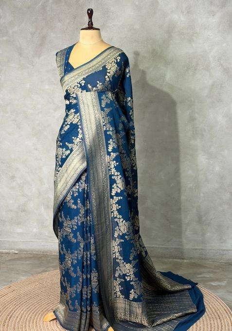 Teal Blue Banarasi Georgette Saree With Traditional Woven Design For Women