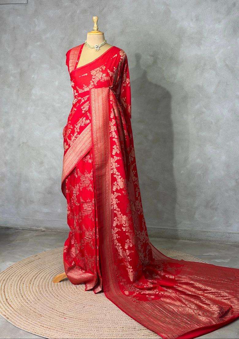 Red Banarasi Georgette Saree With Traditional Woven Design For Women - Indya