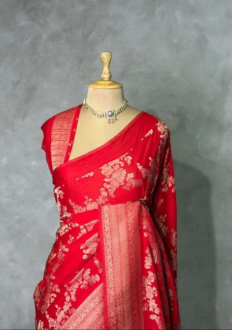 Red Banarasi Georgette Saree With Traditional Woven Design For Women - Indya