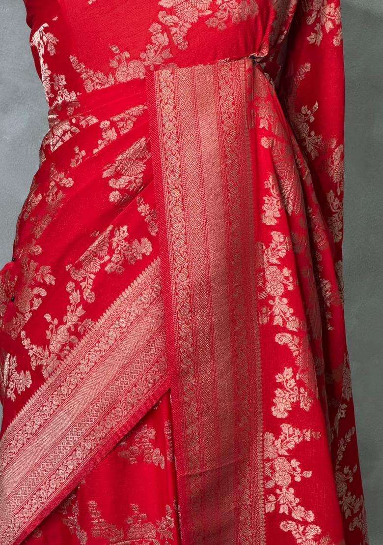 Red Banarasi Georgette Saree With Traditional Woven Design For Women - Indya