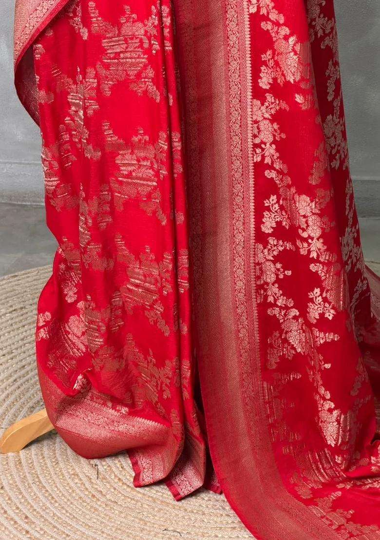 Red Banarasi Georgette Saree With Traditional Woven Design For Women - Indya