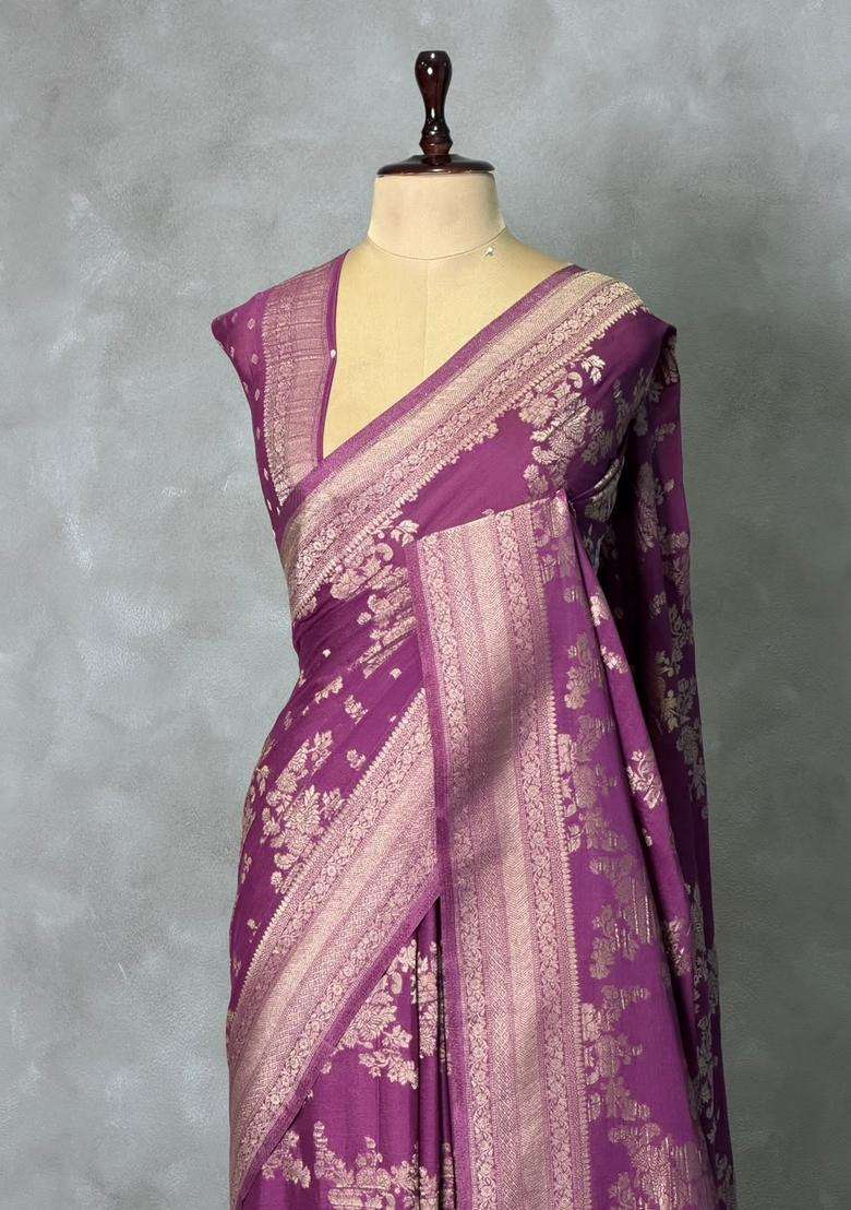 Dark Lavender Banarasi Georgette Saree With Traditional Woven Design For Women - Indya
