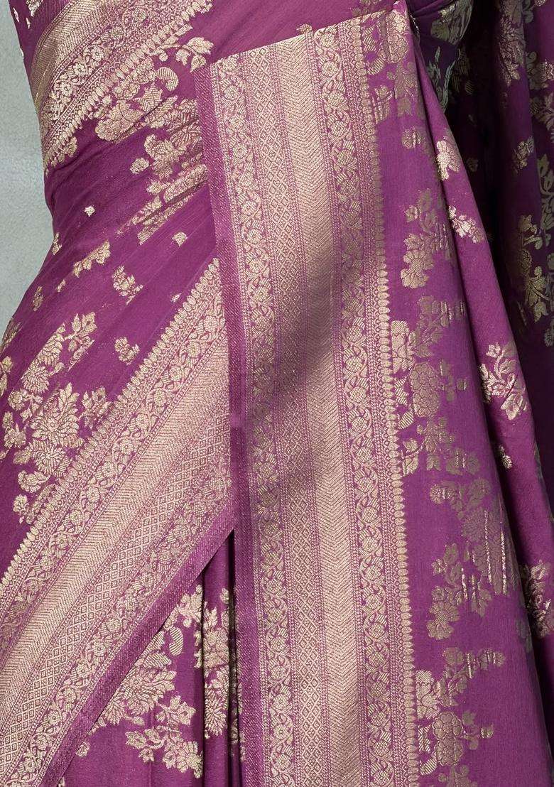 Dark Lavender Banarasi Georgette Saree With Traditional Woven Design For Women - Indya