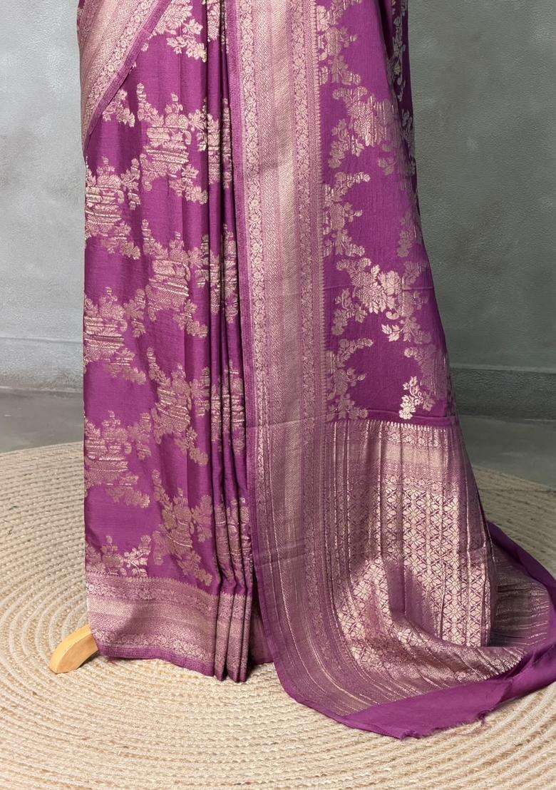 Dark Lavender Banarasi Georgette Saree With Traditional Woven Design For Women - Indya