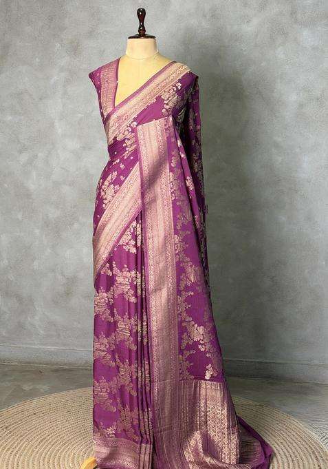 Dark Lavender Banarasi Georgette Saree With Traditional Woven Design For Women