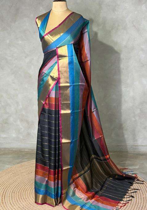Black Semi Banarasi Art Silk Saree With Traditional Woven Design For Women