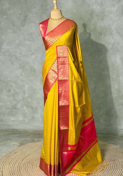 Yellow And Rani Pink Semi Banarasi Silk Saree With Traditional Woven Design For Women