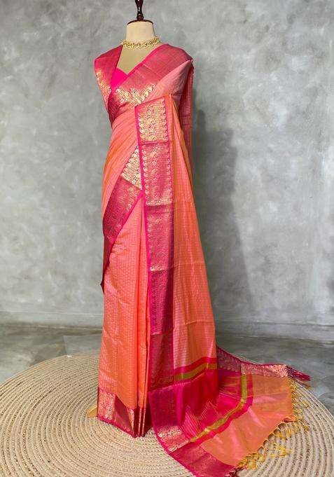 Peach And Rani Pink Semi Banarasi Silk Saree With Traditional Woven Design For Women