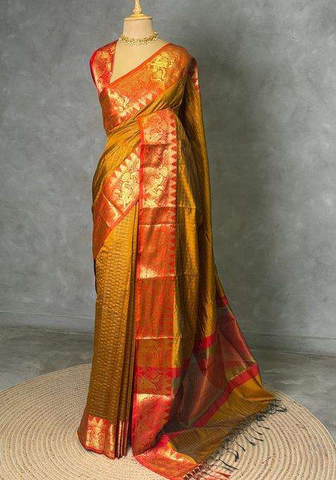 Mustard Yellow Semi Banarasi Silk Saree With Traditional Woven Design For Women