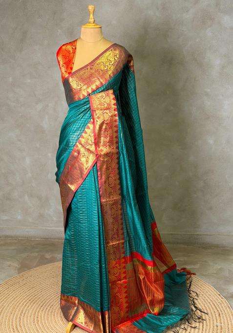 Peacock Green Semi Banarasi Silk Saree With Traditional Woven Design For Women