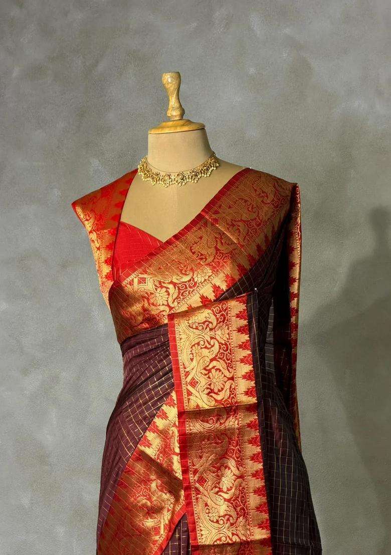 Brown Semi Banarasi Silk Saree With Traditional Woven Design For Women - Indya