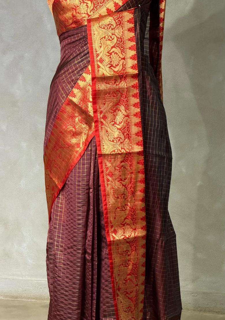 Brown Semi Banarasi Silk Saree With Traditional Woven Design For Women - Indya