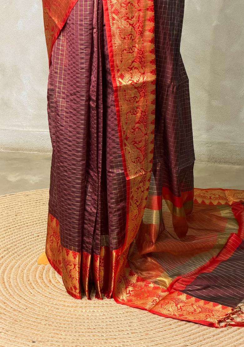 Brown Semi Banarasi Silk Saree With Traditional Woven Design For Women - Indya