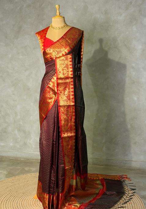 Brown Semi Banarasi Silk Saree With Traditional Woven Design For Women