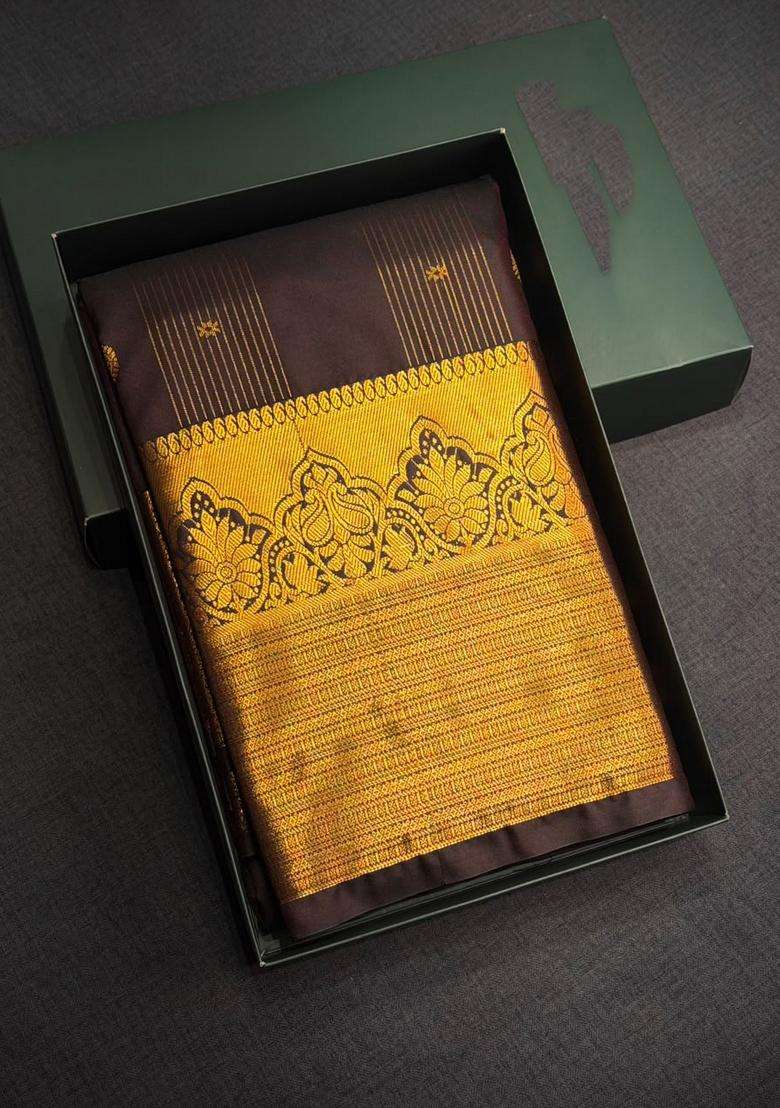 Brown Semi Kanchipuram Silk Saree With Traditional Woven Design For Women - Indya