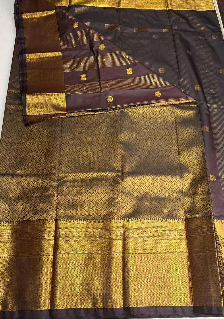 Brown Semi Kanchipuram Silk Saree With Traditional Woven Design For Women - Indya