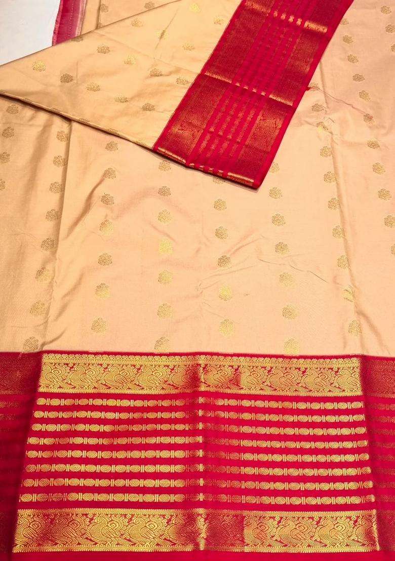 Sandal And Reddish Pink Semi Kanchipuram Silk Saree With Traditional Woven Design For Women - Indya