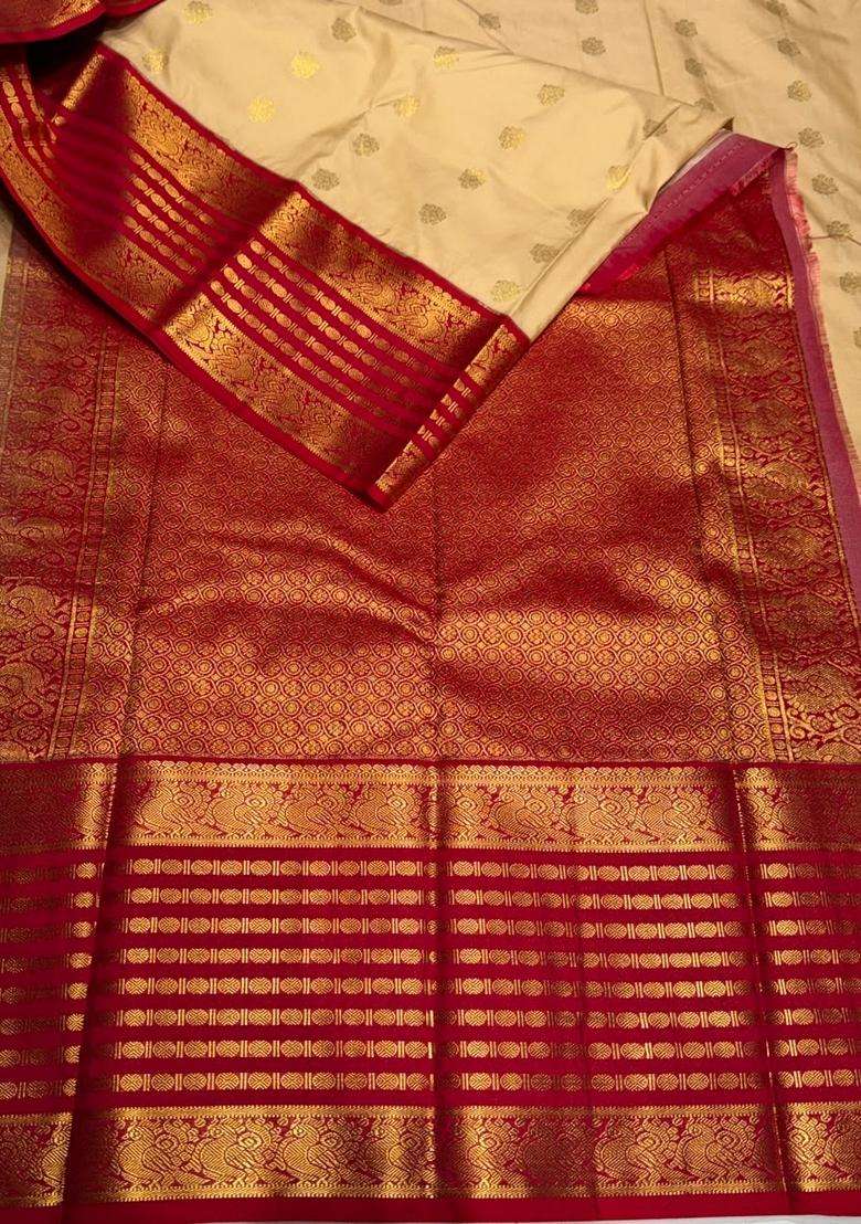Sandal And Reddish Pink Semi Kanchipuram Silk Saree With Traditional Woven Design For Women - Indya