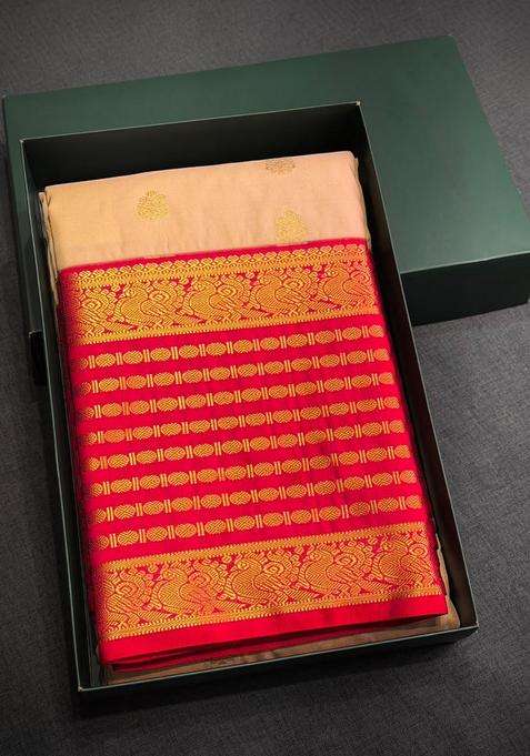 Sandal And Reddish Pink Semi Kanchipuram Silk Saree With Traditional Woven Design For Women