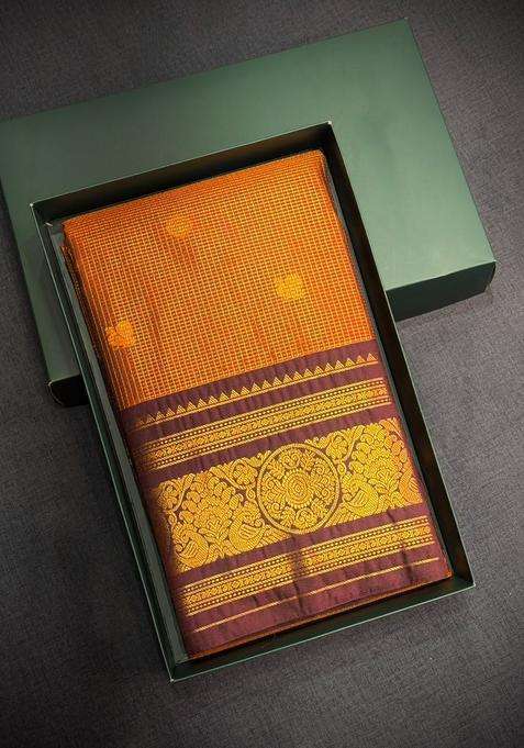 Mustard Yellow And Brown Semi Kanchipuram Silk Saree With Traditional Woven Design For Women