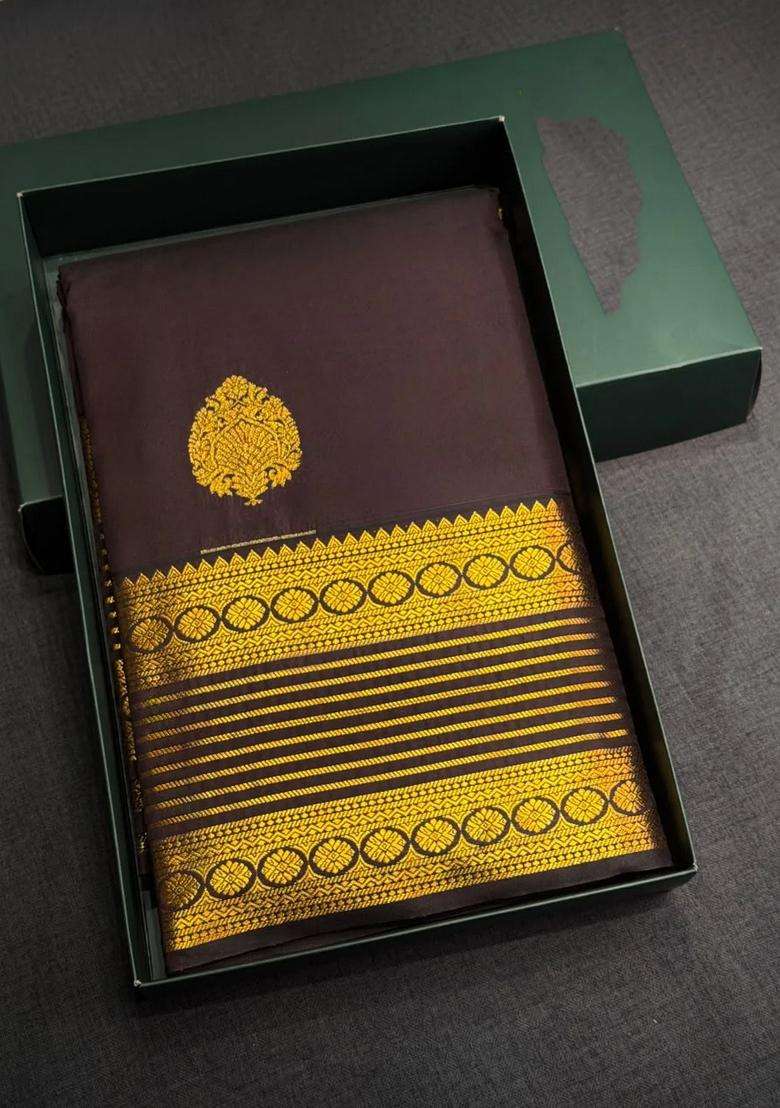 Coffee Brown Semi Kanchipuram Silk Saree With Traditional Woven Design For Women - Indya