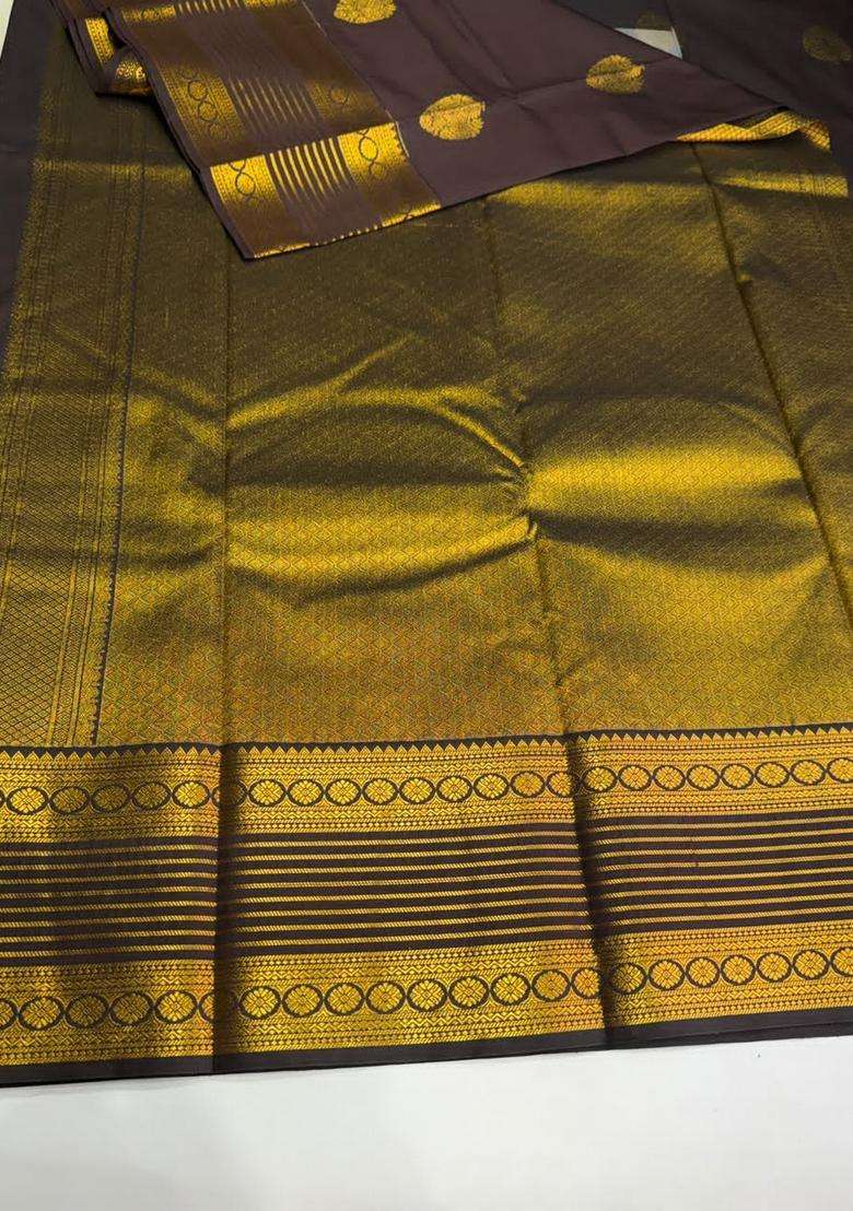 Coffee Brown Semi Kanchipuram Silk Saree With Traditional Woven Design For Women - Indya