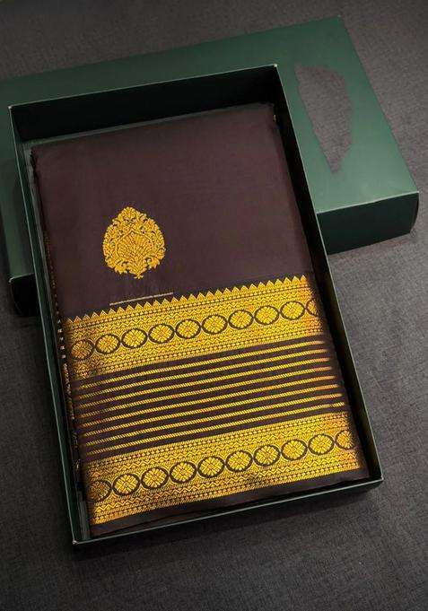 Coffee Brown Semi Kanchipuram Silk Saree With Traditional Woven Design For Women